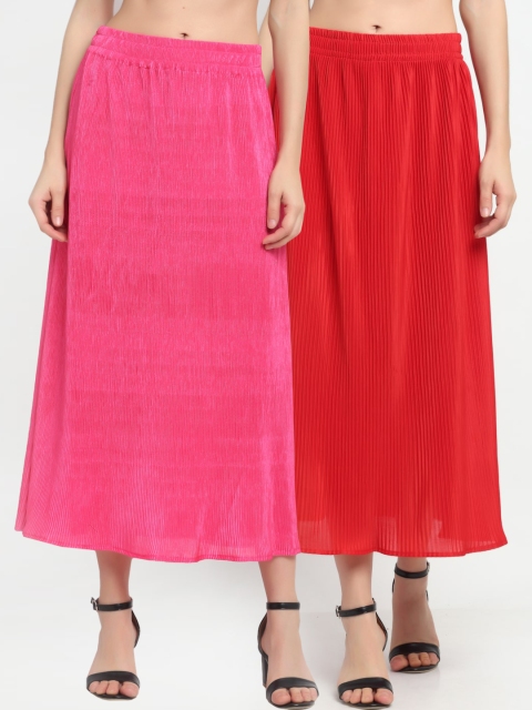 

NEUDIS Women Pack Of 2 Solid Accordion-Pleat Maxi Flared Skirts, Pink