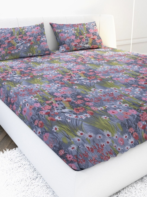

MAYFAIR HOMES LONDON Grey & Pink Floral 144 TC King Bedsheet with 2 Pillow Covers