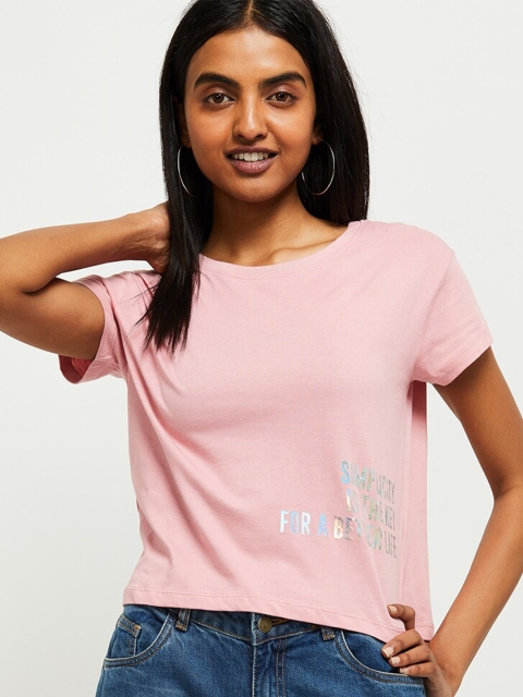 

max Women Pink Typography Printed Round Neck T-shirt