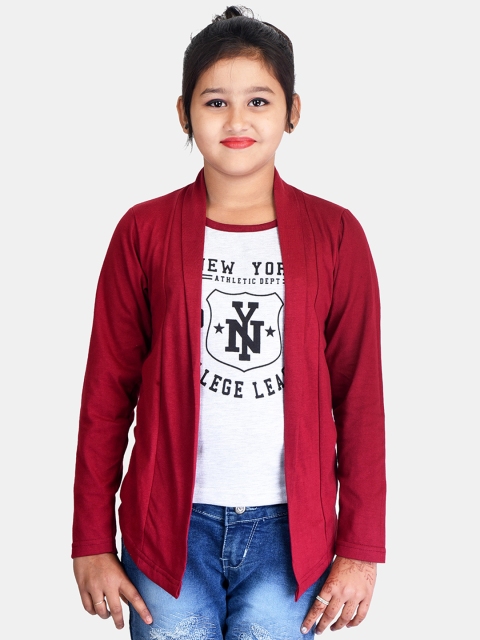 

Fabshio Girls Maroon Typography Printed T-shirt with Attached Jacket
