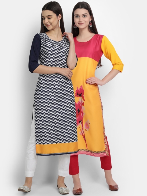 Ethnic basket Women Pack Of 2 Yellow & Navy Blue Geometric Printed Crepe Kurta