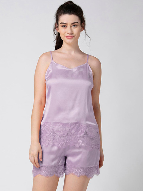 

ADORENITE Women Lavender Lace Trimmed Satin Camisole with Shorts
