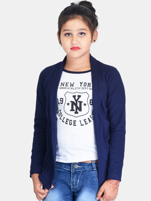 

Fabshio Girls Navy Blue Printed Cotton T-shirt with Jacket