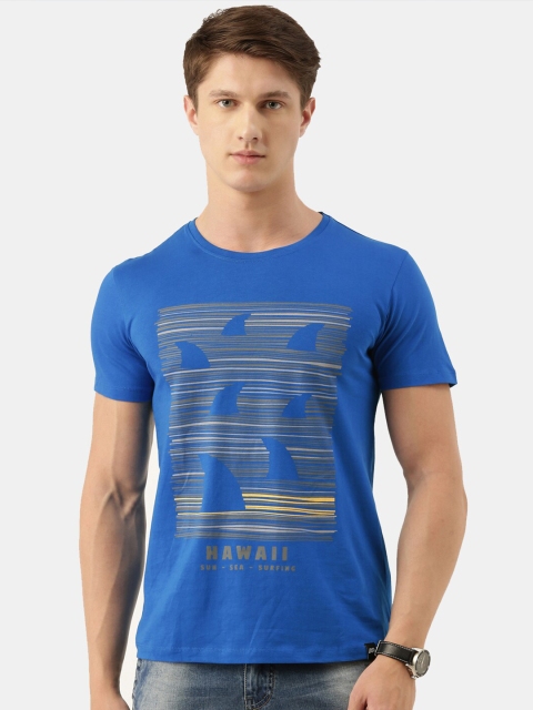 

MASH UNLIMITED Men Blue Typography Printed Raw Edge Slim Fit T-shirt