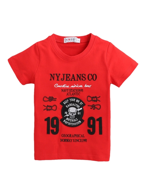 

Noddy Boys Red Typography Printed Raw Edge T-shirt