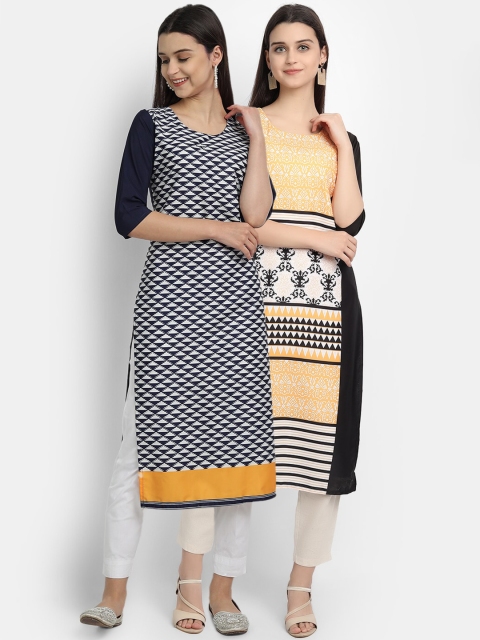 

Ethnic basket Women Pack Of 2 Navy Blue & Yellow Floral Printed Thread Work Crepe Kurtas