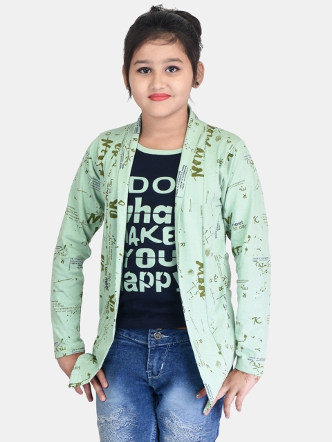 

Fabshio Girls Green & Black Printed Cotton T-shirt with Jacket