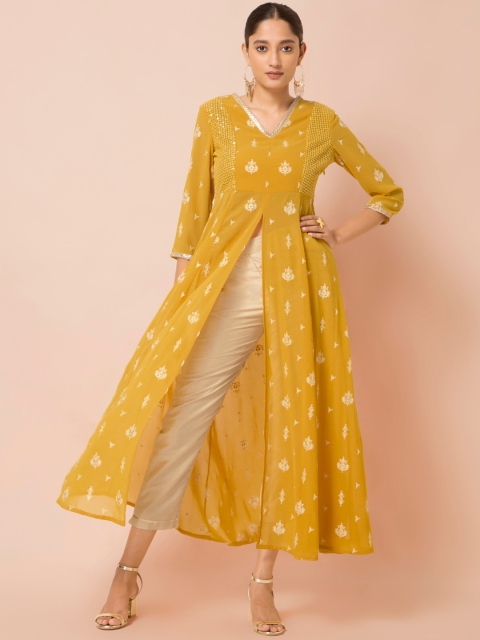 

INDYA Women Yellow Ethnic Motifs Printed High Slit Zardozi Kurta with Trousers