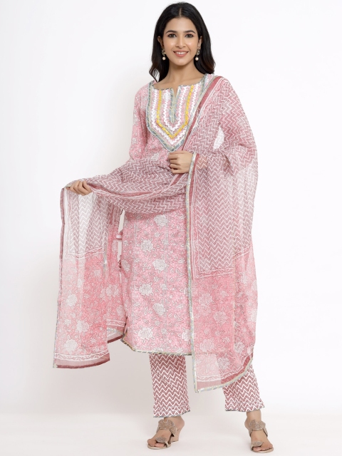 

ANAISA Women Pink Ethnic Motifs Printed Pure Cotton Kurti with Trouser & With Dupatta