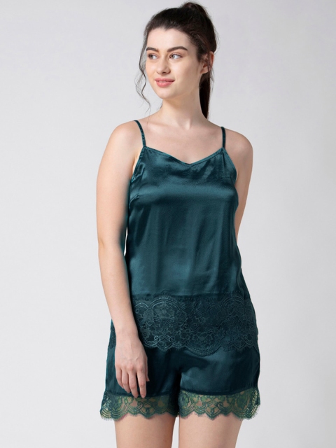 

ADORENITE Women Green Satin Lace Trimmed Night suit of Camisole with Shorts
