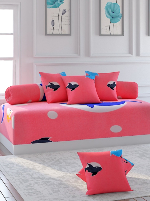 

Bromwick Set Of 8 Blue & Pink Printed Cotton Bedsheet With Bolster & Cushion Covers