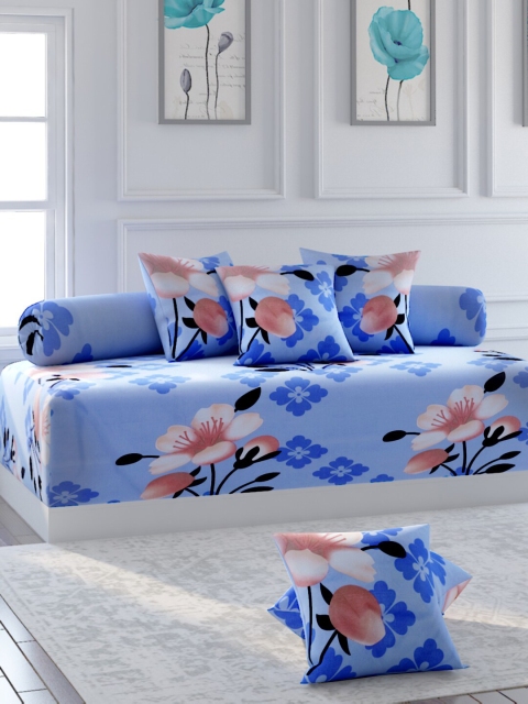 

Bromwick Set Of 8 Blue & Black Floral Printed Cotton Bedsheet With Bolster & Cushion Covers
