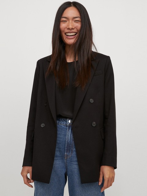 

H&M Women Black Solid Double-Breasted Jacket