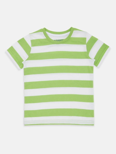 

Pantaloons Junior Boys Green White Striped Cotton Pure Cotton T-shirt