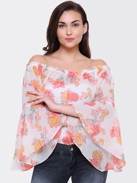 

Yaadleen White & Pink Floral Off-Shoulder Bell Sleeve Georgette Bardot Top
