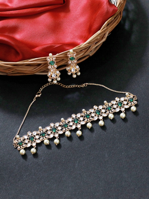 KARATCART Gold-Plated White & Green Kundan Emerald AD-Studded & Beaded Handcrafted Jewellery Set