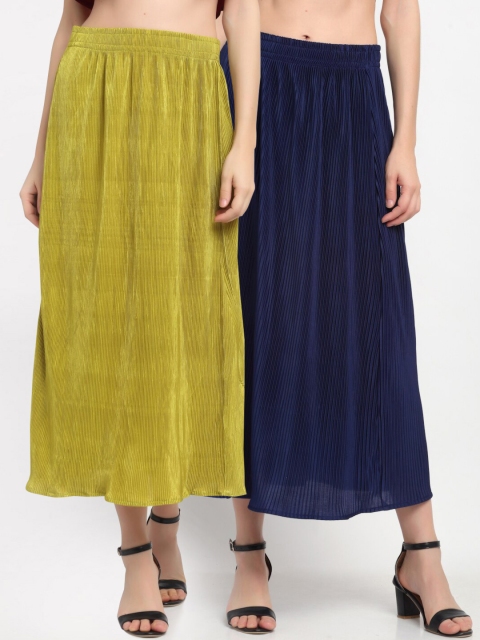 

NEUDIS Women Pack f 2 Solid Accordion Pleated A-Line Maxi Skirts, Green