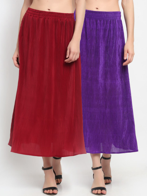 

NEUDIS Women Pack Of 2 Solid Accordian Pleated Flared Maxi Skirts, Maroon