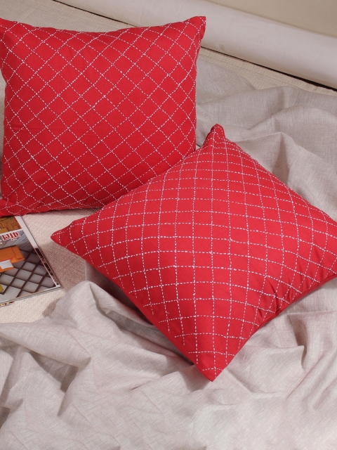 

Molcha Red & White Set of 2 Chokas Jaal Hand Embroidered Square Cushion Covers