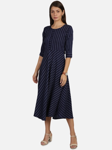 

Florence Navy Blue Striped Crepe A-Line Midi Dress