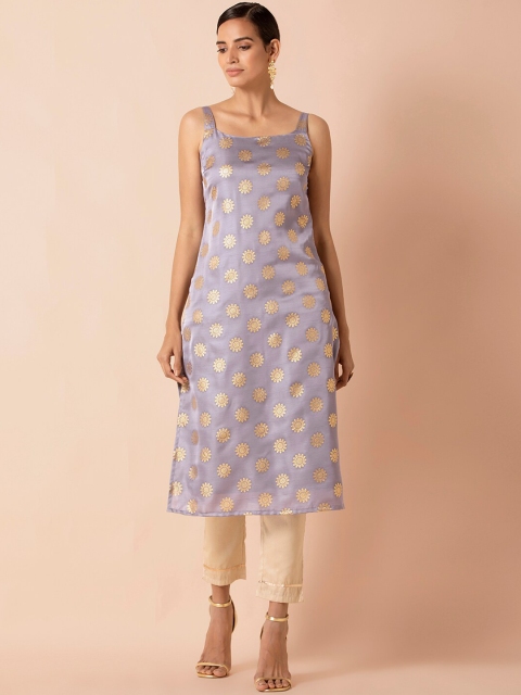 

INDYA Women Grey & Gold-Coloured Foil Floral Printed Satin Kurta With Pyjamas