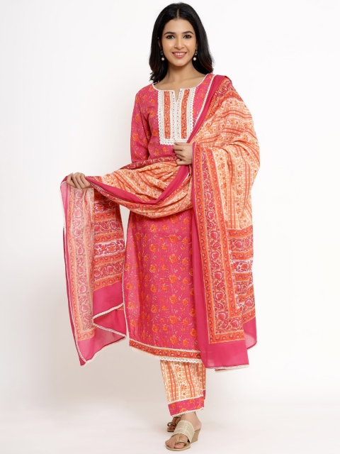 

ANAISA Women Pink Floral Printed Pure Cotton Kurta with Trousers & With Dupatta