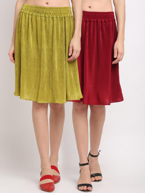 

NEUDIS Women Pack of 2 Solid Accordion Pleated Flared Knee-Length Skirts, Green