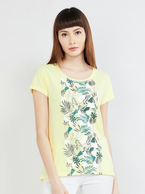 

max Women Yellow Floral Printed T-shirt