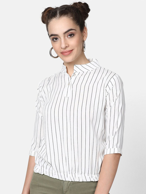 

V2 Value & Variety White Striped Mandarin Collar Shirt Style Top