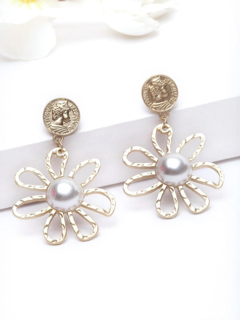 

AVANT-GARDE PARIS Women Gold & White-Toned Floral Pearl Drop Earrings