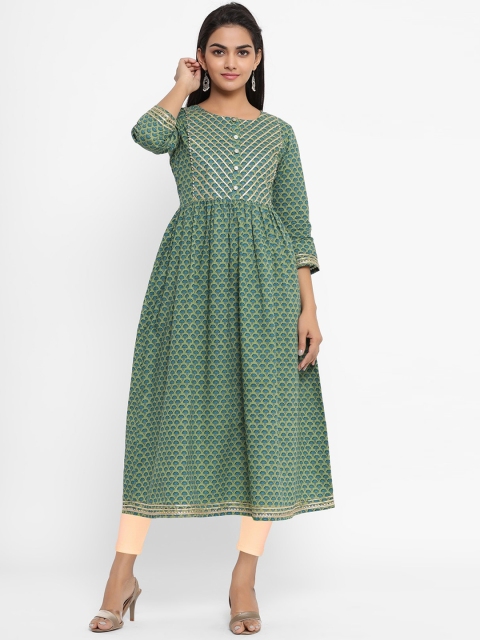 

FABRIC FITOOR Women Olive Geometric Printed Thread Work Anarkali Kurta