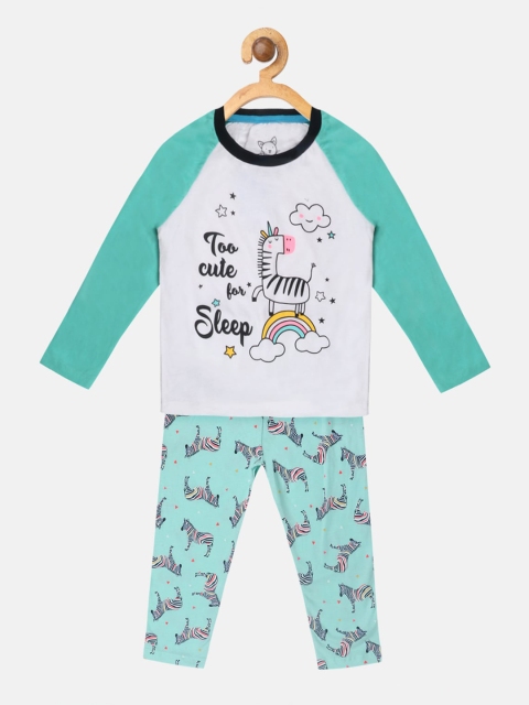 

Lazy Shark Girls White & Green Printed Night suit