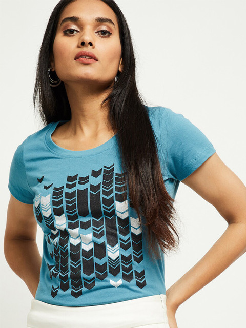 

max Women Blue Geometric Printed Casual T-shirt