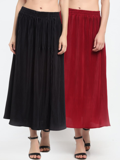 

NEUDIS Women Pack of 2 Grey & Maroon Solid Accordion-Pleated Maxi Flared Skirt