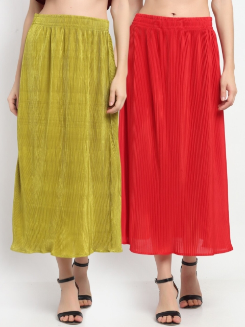 

NEUDIS Women Pack of 2 Solid Accordion Pleated Flared Midi Skirts, Green
