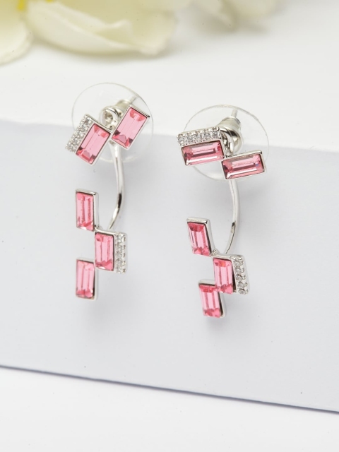 

AVANT-GARDE PARIS Rhodium-Plated & Pink Crystal Studded Geometric Drop Earrings