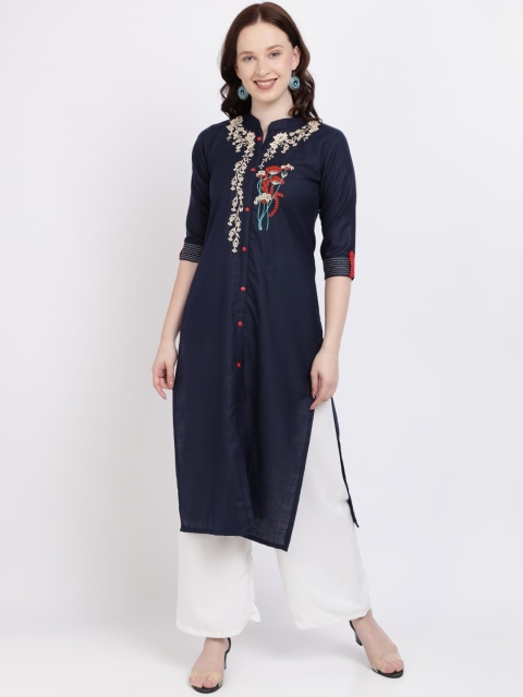 

SAADHVI Women Navy Blue Embroidered Panelled Kurta with Palazzos