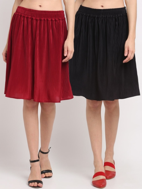 

NEUDIS Women Pack Of 2 Black & Maroon Solid Accordion Pleated Flared Knee-Length Skirt