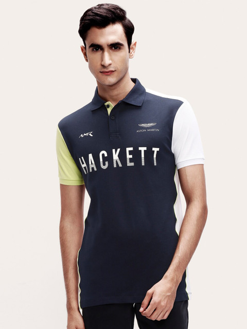 

HACKETT LONDON Men Navy Blue Colourblocked Polo Collar Cotton T-shirt