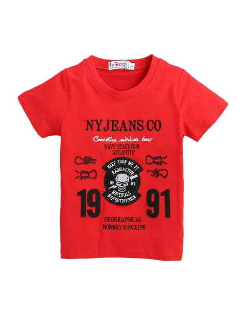 

Noddy Boys Red Typography Printed Raw Edge T-shirt