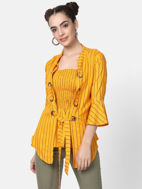 

V2 Value & Variety Mustard Black Striped Cinched Waist Top