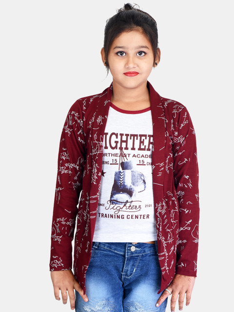 

Fabshio Girls Maroon & White Printed T-shirt with Attached Shrug