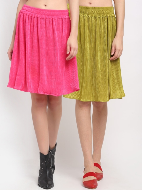

NEUDIS Women Pack Of 2 Solid Knee-Length Accordian Pleat Flared Skirts, Pink