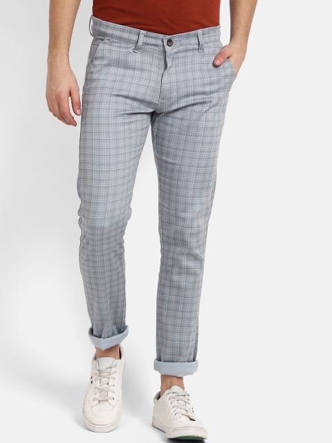 

V2 Value & Variety Men Grey & Black Checked Cotton Chinos Trousers