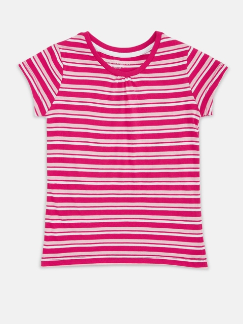 

Pantaloons Junior Girls Pink Striped Cotton Pure Cotton T-shirt