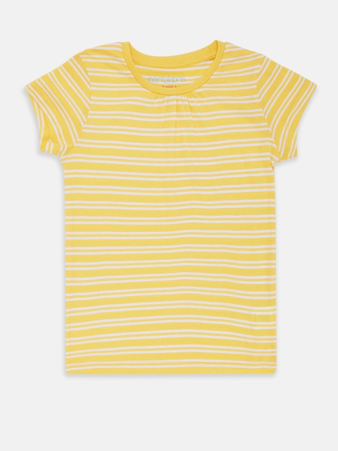 

Pantaloons Junior Girls Yellow White Striped Cotton Pure Cotton T-shirt