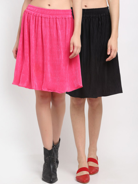 

NEUDIS Women Pack Of 2 Solid Flared Knee-Length Skirts, Pink
