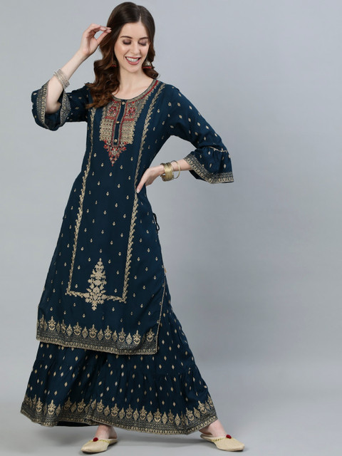 

Ishin Women Teal Green Ethnic Motifs Kurta with Sharara