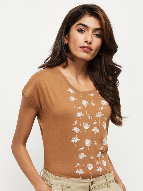 

max Women Brown Graphic Printed Round Neck T shirt