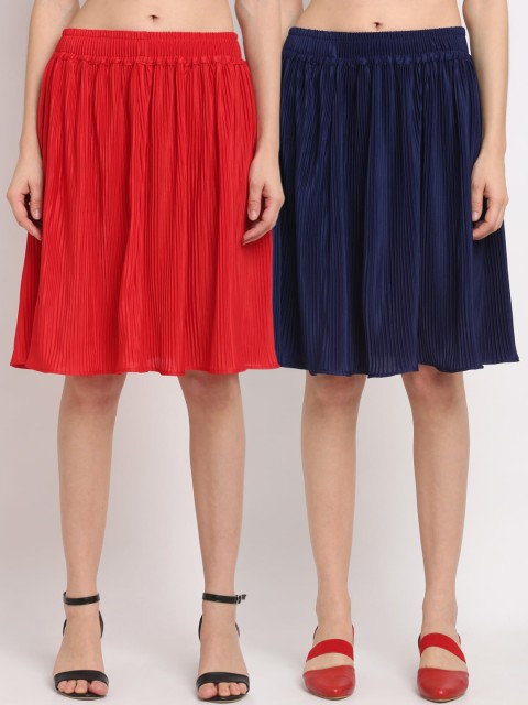 

NEUDIS Women Pack Of 2 Solid Flared Accordion Pleated Knee Length Skirts, Navy blue